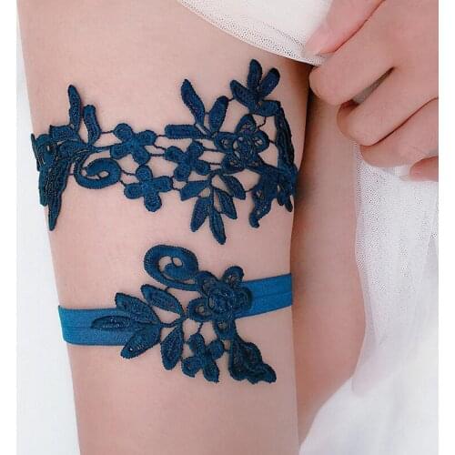 1Pair Wedding Garter Navy White Embroidery Floral Sexy Garters Women/Female/Bride Thigh Ring Bridal Lace Leg Ring Loop