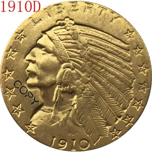 24-K gold plated 1910-D $5 GOLD Indian Half Eagle Coin Copy
