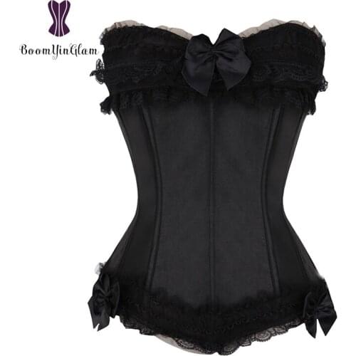 821 Satin Overbust Corset Top Zipper Side Bowknot Decorated Clubwear Showgirl Body Shaper Sexy Bustier Size S-6XL
