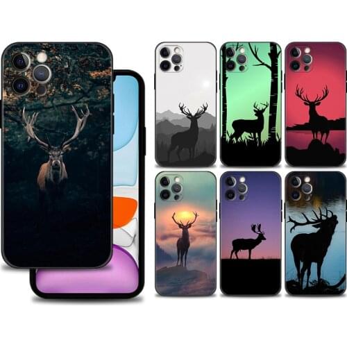Case For iphone 12 11 pro max 12 mini xs max XR X 8 7 6S 6 Plus SE Black Shell Fundas Capa Cover Christmas Elk sky Mystical Deer