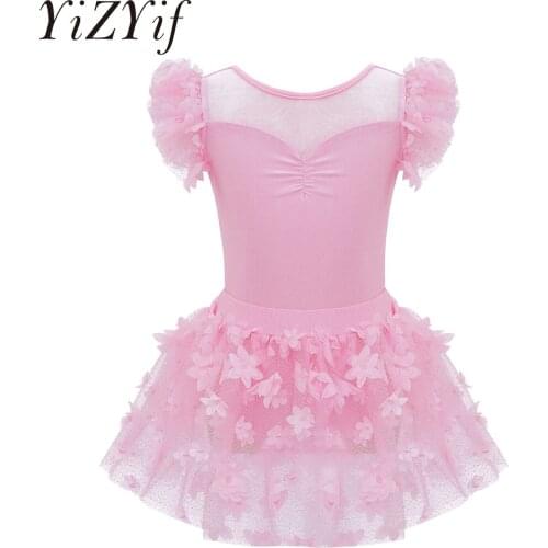 Children Girls Gymnastic Ballet Leotard Tutu Dance Dress Girls Princess Ballerina Performance Dresses with 3D Flower Mesh Skirt