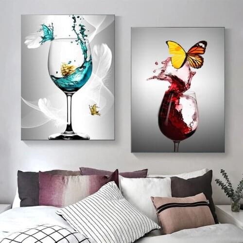 Beautiful Abstract Art Butterfly on Red Wine Glass Canvas Painting Poster and Print Wall Art Pictures for Living Room Home Decor