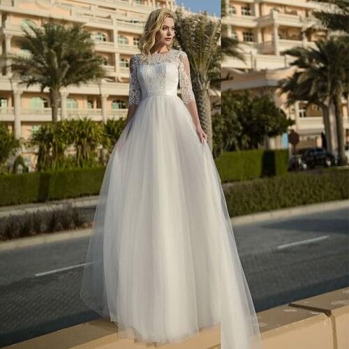 3/4 Sleeves Lace Bridal Gowns Scoop A Line Floor Length Beach Boho Wedding Dresses vestido de fiesta de boda