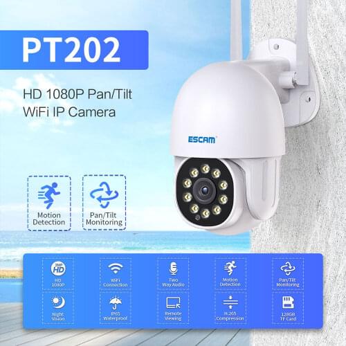 ESCAM PT202 1080P WiFi PTZ IP Camera Dome Outdoor Two Way Voice Network Surveillance Cam Full Color Night Vision Camhipro