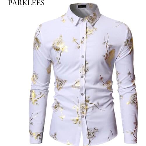 Mens 3D Shiny Gold Rose Print Slim Fit Long Sleeve Floral Dress Shirts 2019 New Party Wedding Prom Male Social Shirt Chemise