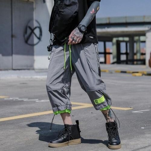 Mens Trousers Reflective Pants Fluorescent 2021 Hip Hop Pants Casual Sports Night Light Joggers Streetswear Cropped Trousers