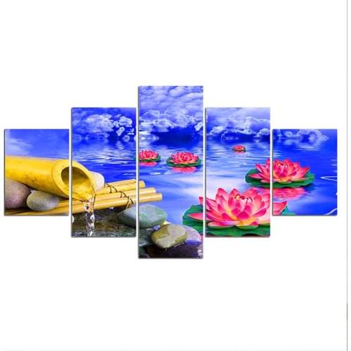 5 Panel zen Baddha lotus diamond painting cross stitch Full Square Round diamond embroidery Flower mosaic wall picture decor