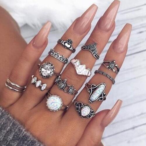 Miss JQ 12 PCS/SET Vintage Opal Rings Set for Women Silver Sea Turtle Boho Midi Knuckle Rings Statement Fashion Jewelry Gifts
