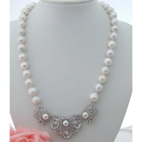 Hand knotted natural 11-12mm white round reborn keshi freshwater pearl micro inlay zircon accessories necklace fashion jewelry