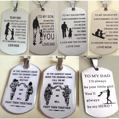 Wholesale 50pcs Daughter Son Dad Brother GIFT FAVOR Stainless Steel Pendant WITH CHAINS 7 Styles Top Mixed Quality Jewelry