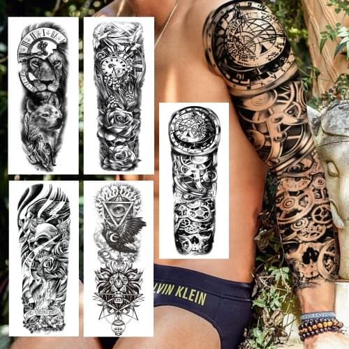 Punk Mechanical Arm Temporary Tattoo Sleeve For Men Women Compass Lion Rabbit Rose Skull Fake Tattoo Sticker Extra Large Tatoo
