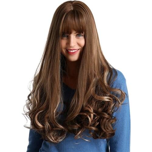 30 Inch Women Long Curly Wavy Wig Resistant Wig with Neat Bangs Women Brown Heat Resistant with Neat Bangs