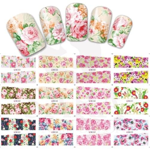 12Designs/Sheet Flower Designs Nail Art Water Transfers Full Decals Wraps DIY Water Transfer Tattoos Nail Stickers BN061-072