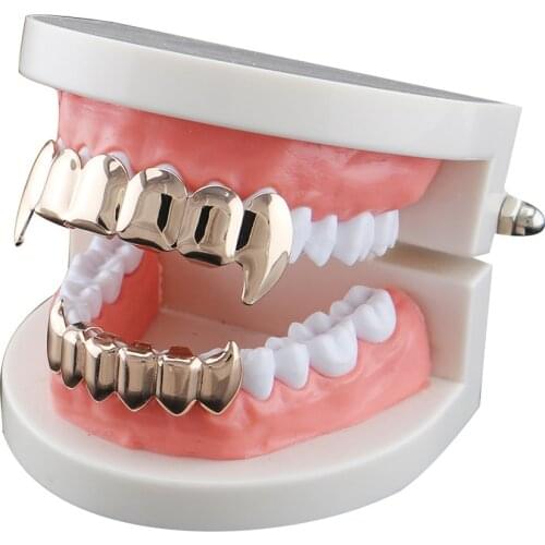 Luxury Gold Joker Men Teeth Grill Caps 6 Fang Teeth Top & Bottom Grills Set Dress Up Mouth Cap