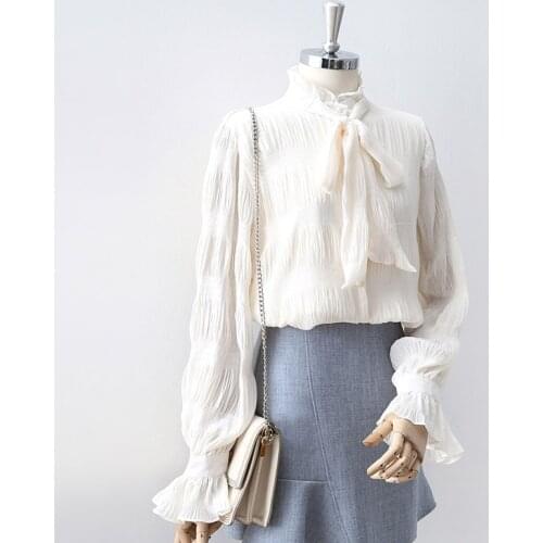 Chiffon Women Blouse Summer 2021 New Bow Neck Flare Sleeved Solid Slim All Match Office Lady Elegant Pulls Outwear Tops