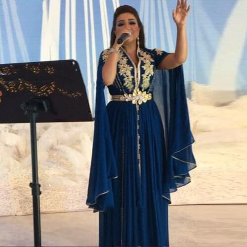 Eightae Navy Blue Evening Dresses V Neck Pleat Gold Sash Appliques Saudi Arabic Evening Dubai Kaftan Muslim Prom Party Gown