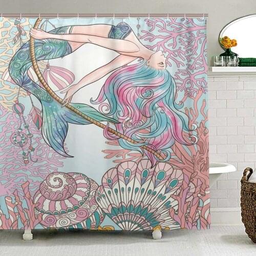 Cute Mermaid Shower Curtain with Fishes & Seashells Bathroom Extra Long Waterproof Polyester Fabric Curtain For Bathtub Decor
