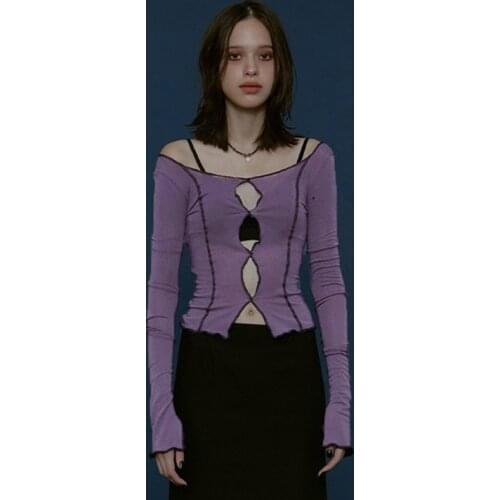 Womem Long Sleeve Punk Style Off Shoulder T-Shirt Striped Line Strap Tees Hollow Patch Split Crop Top Girls Hight Street Clothes