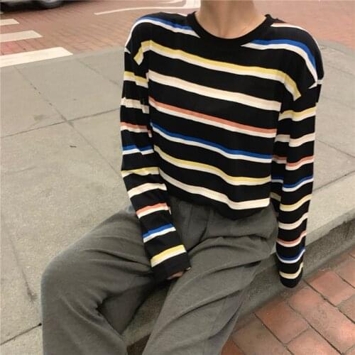 Korea Style Women Striped T Shirt Girls Long Sleeve Casual Fashion Loose T-shirts Colorful Tee Shirts