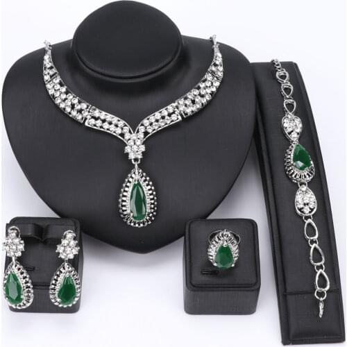 Women Fashion Bridal Party Holiday Jewelry Set Necklace Earrings Bracelet Ring Crystal Rhinestone 3 Color Gem Party Jewelry Sets