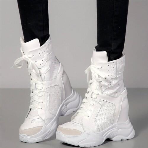 2021 Women Lace Up Genuine Leather Wedges High Heel Motorcycle Boots Female High Top Breathable Fashion Sneakers Casual Shoes