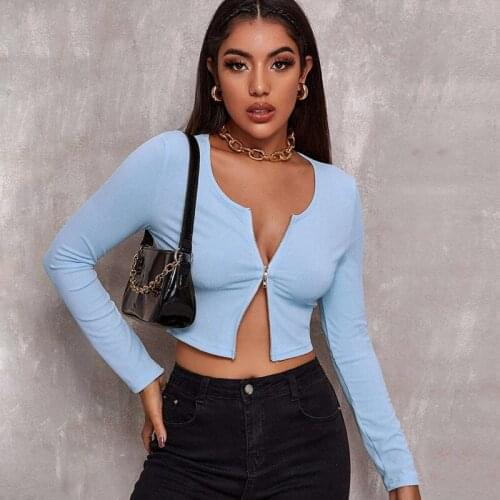 2021 Autumn Winter Women Sexy Tops Retro Tight Zipper T Shirts Short Style Long Sleeve Woman tshirts