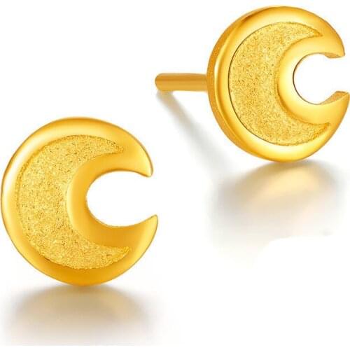 Pure 24K Yellow Gold Earrings Women Moon Stud Earrings 1.59g