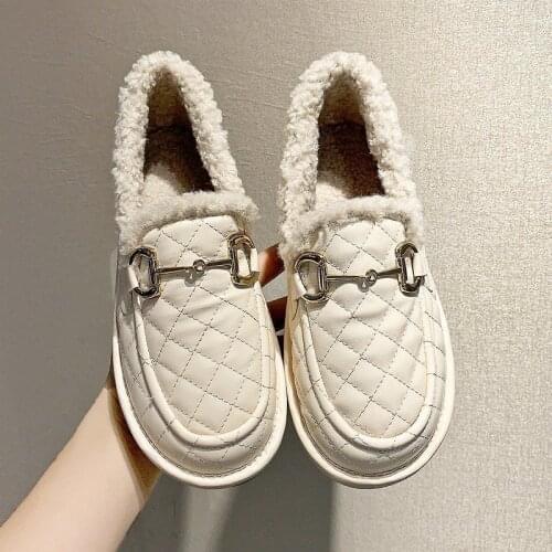 Lisapie Women Peas Shoes Female Students All-Match Warm Plush Shoes Winter Plus Velvet Non-Slip Flat-Bottomed Home Cotton Shoes