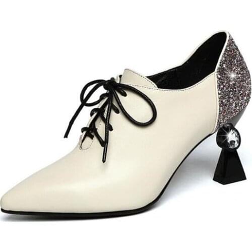 Rhinestone Sequins Pointed Sexy Women Shoes High Heels Deep Mouth Lace-up Women Pumps Shoes Spell Colors Genuine Leather Shoes