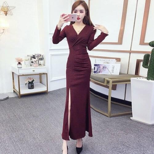 Women 2021 Spring Autumn New Fashion Elegant V Neck Long Dresses Office Lady Long Sleeve Casual Slim Pencil Dress Clothes Z264