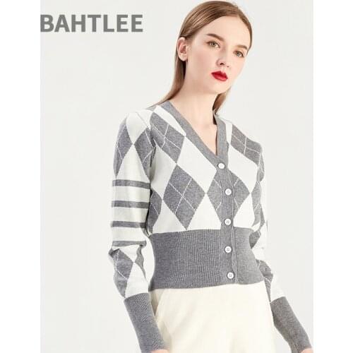 BAHTLEE Spring Autumn Womens Wool Short Style Coat Knitted Cardigan Sweater V-Neck Long Sleeves Diamond Inlay Technology