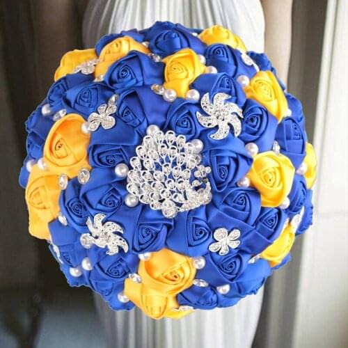 1pc/lot blue Rhinestones Holding Flowers Wedding Flowers Bridal Bouquets Ivory Ribbon Brooch Bouquet Wedding Diamond Bouquet