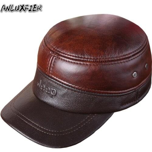 B-7252 Spring Man Genuine Leather Hats Adult Baseball Caps Male Casual Cowhide Hat Earmuffs Warm Adjustable Hats 3 Colors