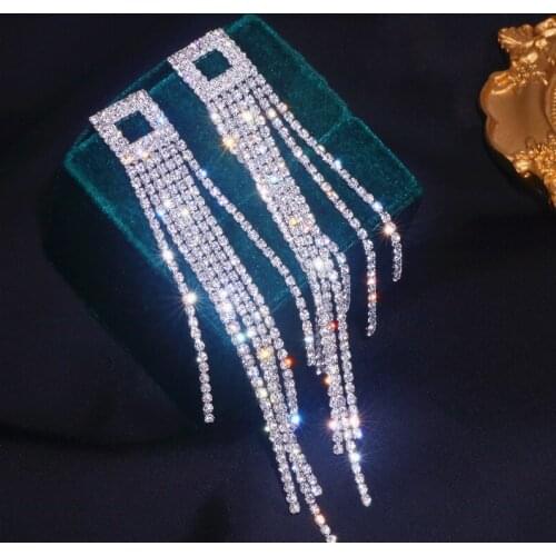 Shiny Rhinestone Long Tassel Drop Earrings for Women Full Crystal Dangle Earrings Fashion Bridal Wedding Jewelry Accessory