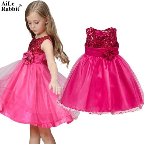 AiLe Rabbit New Summer Girls Christmas Cute Sequined Mesh Girl Clothing Flower Belt Princess Dress Kids Birthday Party Clothes