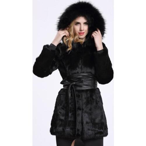 Long Slim genuine rabbit fur coat whole skin with fox fur collar hooded