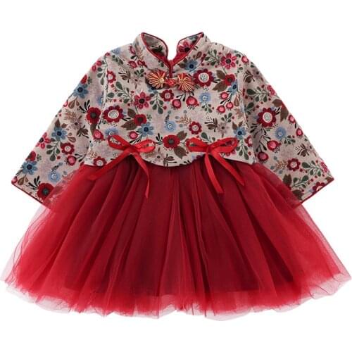 Toddler kid dress baby girl child long-sleeved girl floral cheongsam chinese style dress spring and autumn dress