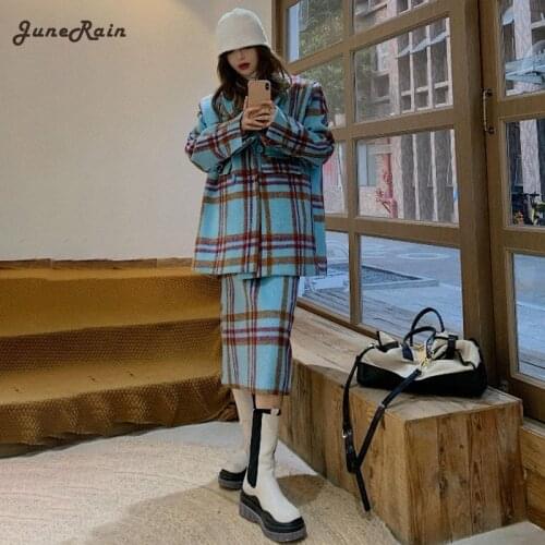 JuneRain Autumn Winter Female Fashion Casual Blue Plaid 2 Piece Set Vintage Long-sleeve Minimalist Woolen Top Overcoat+Mid Skirt