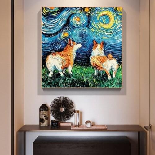 Funny Starry Dog Posters and Prints Cute Dogs Canvas Oil Painting Nordic Wall Art Animal Pictures Bedroom Living Room Home Decor
