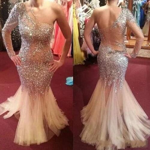 2020 Luxurious Beads Crystal Prom Dresses One-Shoulder Unique Design Mermaid Evening Dresses Sexy Back Formal Party Dress