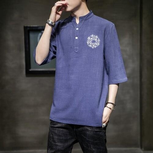 Summer Chinese Style Hanfu Men Short Sleeve Cotton T-Shirt Kung Fu Tai Chi Tee Tops Zen Tea Art Qipao Shirt Casual Blouse 30346