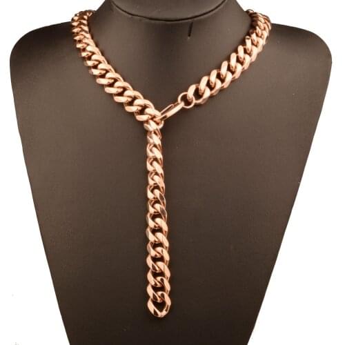 Tisnium Polished Chain Necklace Bracelet for Men Curb Cuban Link Rose Gold Color Stainless Steel Men Adjustable Tail Chain 15mm