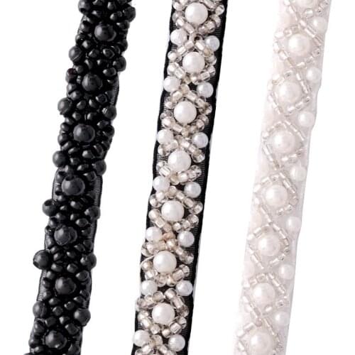3Yards/lot White/Black Pearl Beaded Embroidered Rhinestones Applique Braided Lace Ribbon Trim 5-121