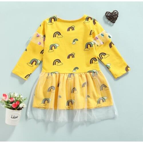Pudcoco New Fashion Girls Rainbow Print Tulle Dress Cute Sweet Loose Fit Long Sleeve O-neck Leisure Dress for Spring, Fall