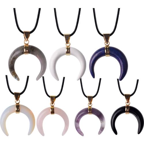 Natural Stone Black Horn Necklace Moon Crescent Shape Leather Chain Healing Crystal Quartz Pendant Necklaces Classic Jewelry