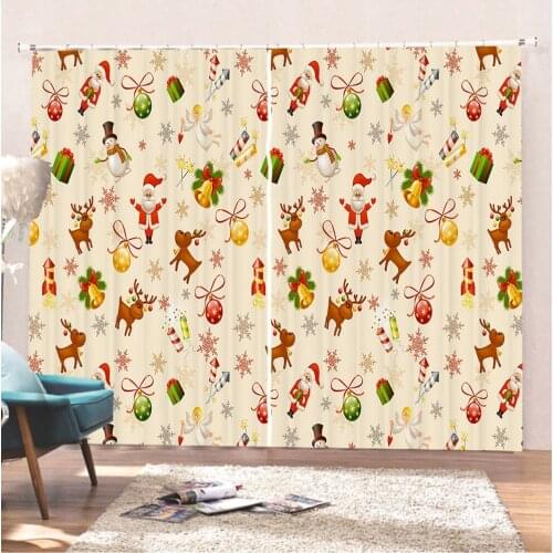 Santa Claus/Bells/Elk Curtain 3D Print Merry Christmas Window Curtains 2 Panels Curtain New Year Drapes Festival Gift Curtain