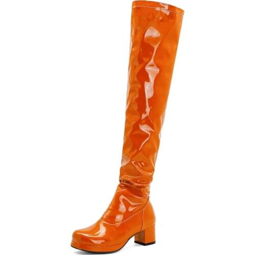 Orange Oversized Patent Leather Thick-Heeled Over-The-Knee Boots Green Bright Leather Boots Purple Mid-Heeled Boots Yellow Red