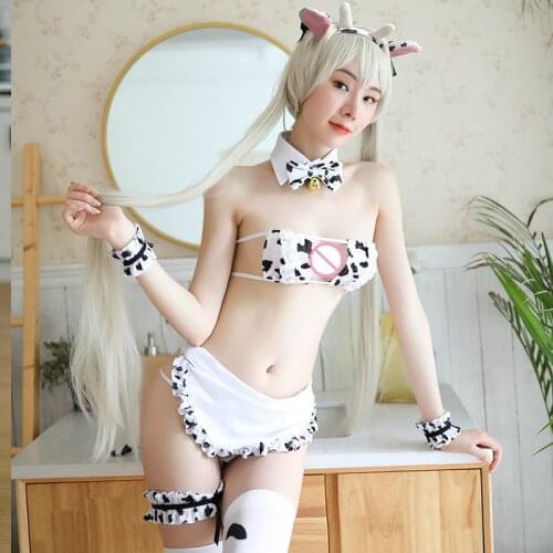 Sexy Bunny Costume Cow Anime Lingerie Lolita Sissy Maid Outfit Micro Bikini Bra Panty Set with Stocking Sexy Hot Erotic Roleplay