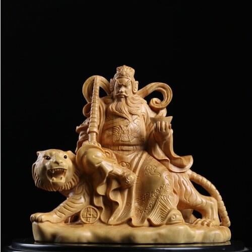 Boxwood 12cm Zhao Gongming Sculpture Wood Taoist God of Wealth Statue Lucky Home Decor