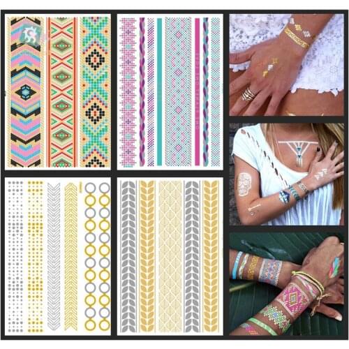Modern Boho Flash Tattoo Gold Silver Bracelet Temporary Metallic Fake Chain Tattoos Wrist Arm Bands Bling Tattoo Leaves